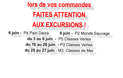lors de vos commandes FAITES ATTENTION  AUX EXCURSIONS ! 6 juin -  P4 Pairi Daiza          6 juin -  P2 Monde Sauvage du 3 au 6 juin  -  P5 Classes Vertes du 16 au 20 juin  - P3 Classes Vertes du 25 au 27 juin - M3  Classes de Mer